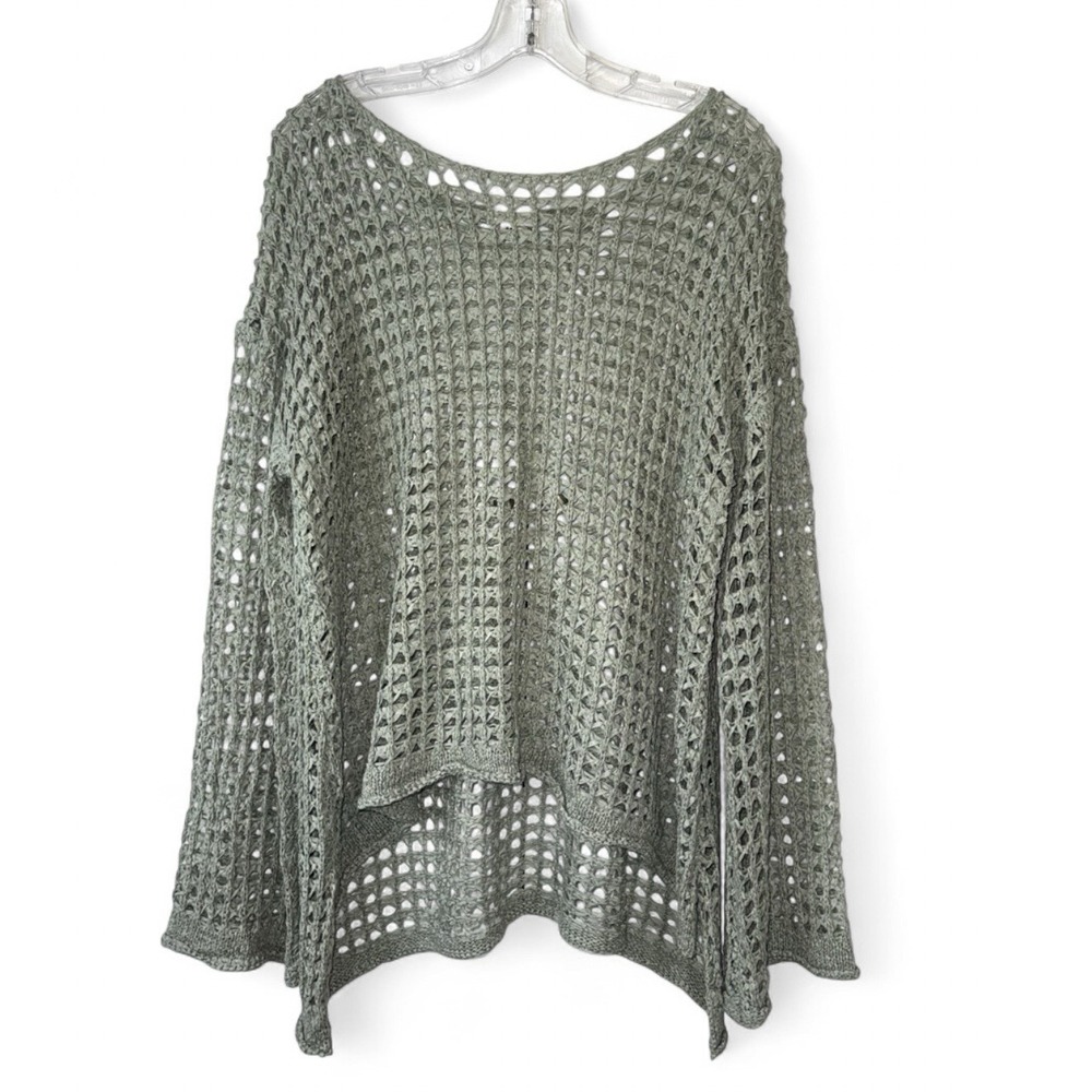 POL Womens M Sage Green Oversized Open Knit Crochet Top Boho Bell Sleeve Medium